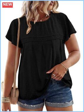 Plus Size Lace Crochet Pom Pom Blouse Short Sleeve Crewneck Casual Top